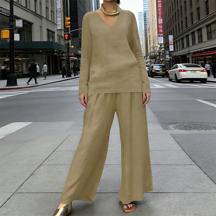 Women's V-Neck Two-Piece Set Autumn Wide-Leg Trousers Set