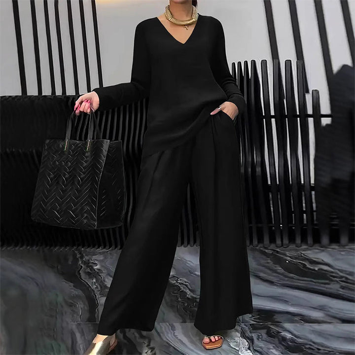 Women's V-Neck Two-Piece Set Autumn Wide-Leg Trousers Set