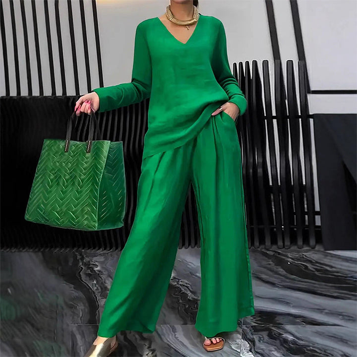 Women's V-Neck Two-Piece Set Autumn Wide-Leg Trousers Set