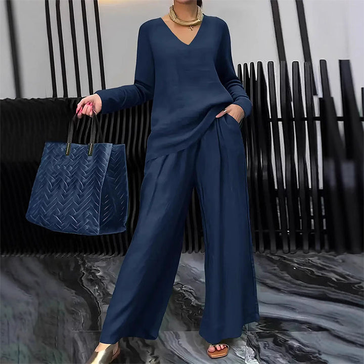 Women's V-Neck Two-Piece Set Autumn Wide-Leg Trousers Set