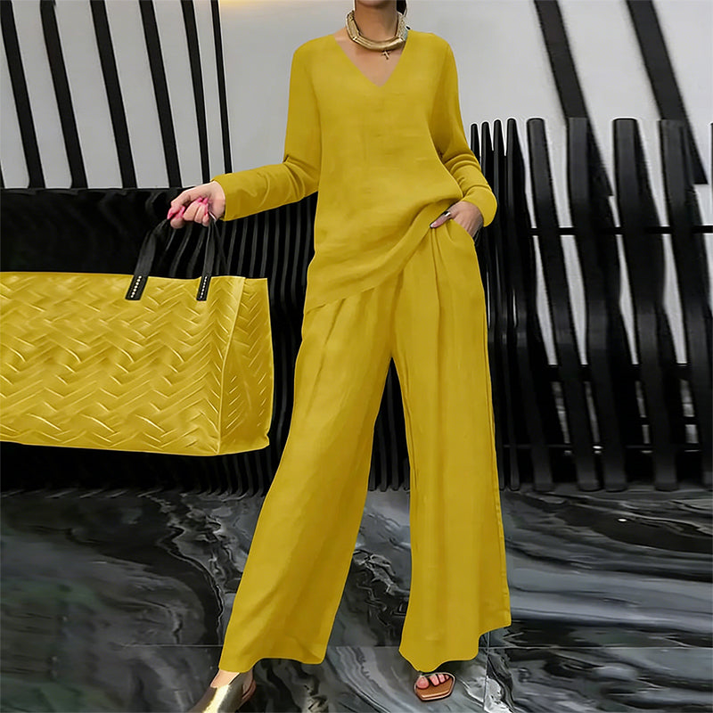 Women's V-Neck Two-Piece Set Autumn Wide-Leg Trousers Set