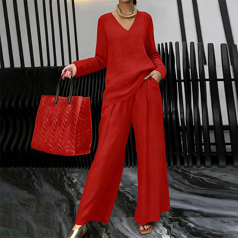 Women's V-Neck Two-Piece Set Autumn Wide-Leg Trousers Set