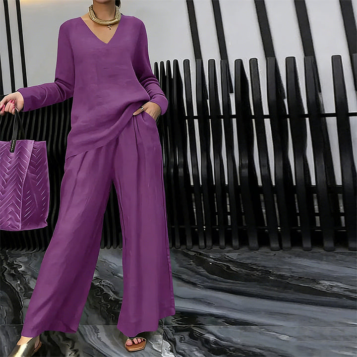 Women's V-Neck Two-Piece Set Autumn Wide-Leg Trousers Set