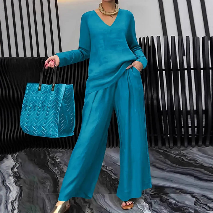 Women's V-Neck Two-Piece Set Autumn Wide-Leg Trousers Set