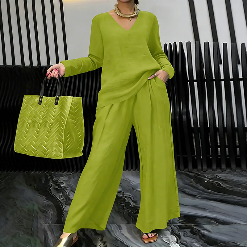 Women's V-Neck Two-Piece Set Autumn Wide-Leg Trousers Set