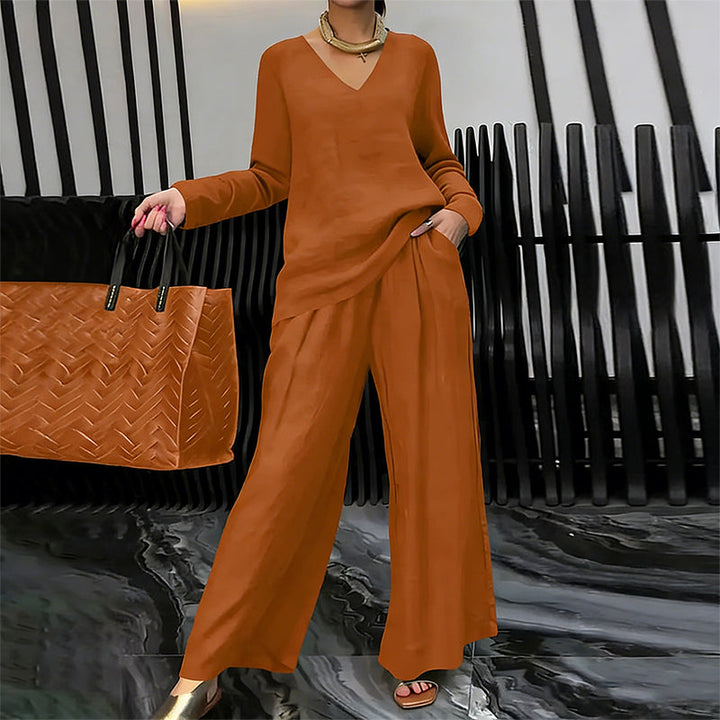 Women's V-Neck Two-Piece Set Autumn Wide-Leg Trousers Set