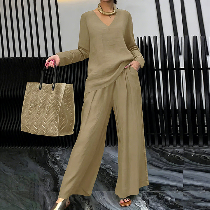 Women's V-Neck Two-Piece Set Autumn Wide-Leg Trousers Set