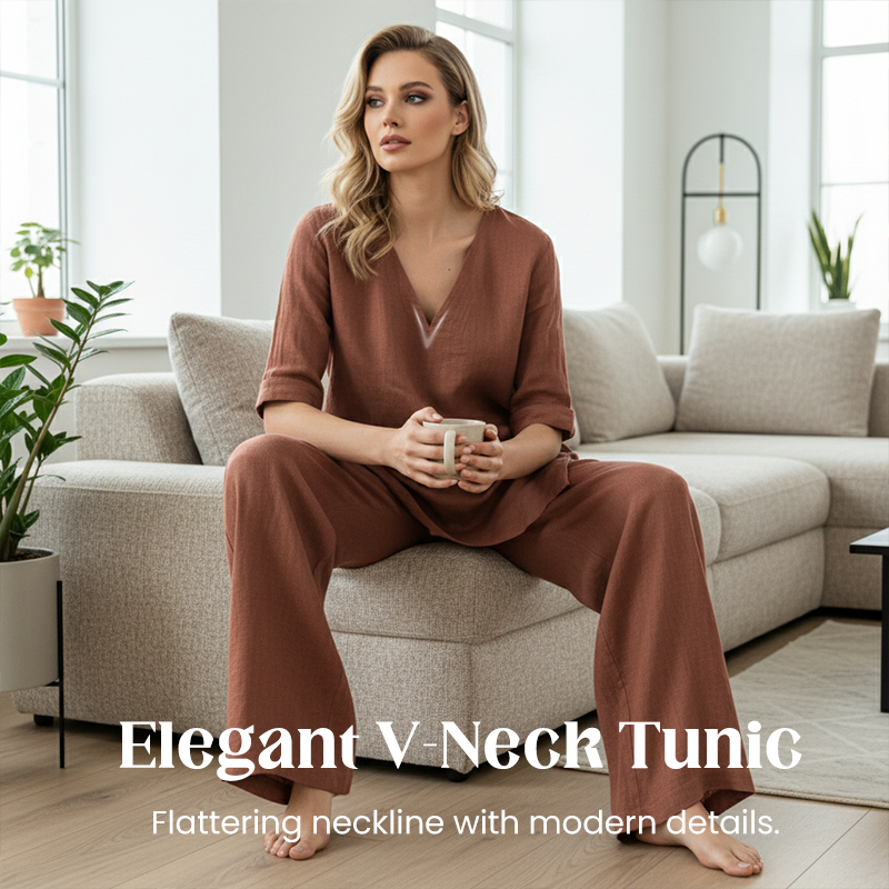 Women's Cotton Linen V-Neck Top and Wide Leg Pants Set Autumn Casual Set