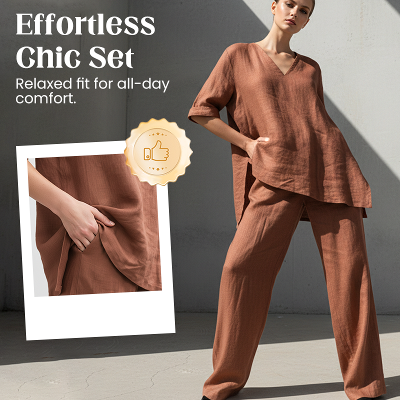 Women's Cotton Linen V-Neck Top and Wide Leg Pants Set Autumn Casual Set