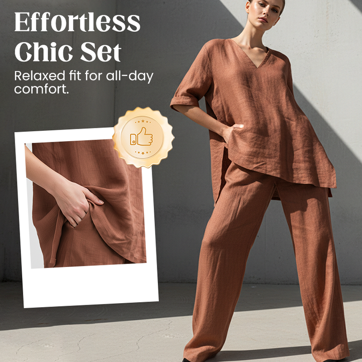 Women's Cotton Linen V-Neck Top and Wide Leg Pants Set Autumn Casual Set