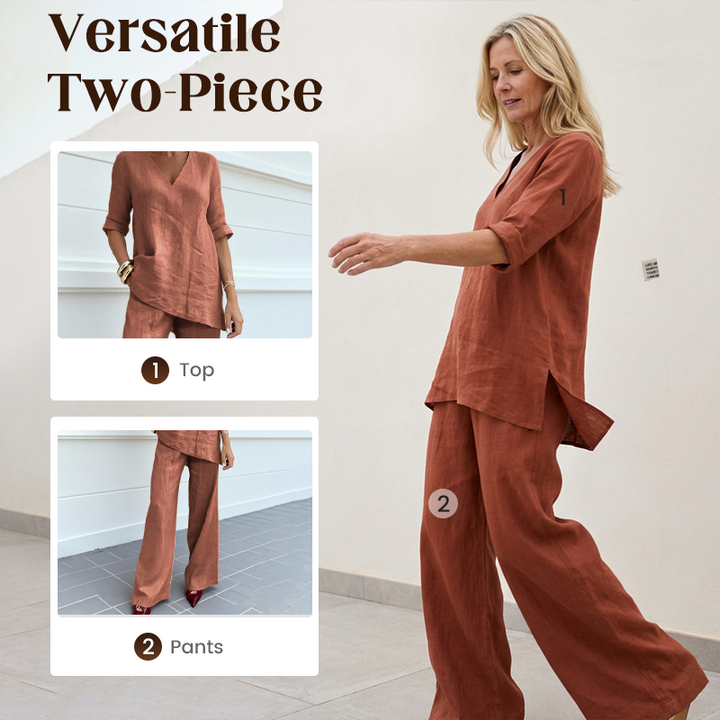 Women's Cotton Linen V-Neck Top and Wide Leg Pants Set Autumn Casual Set
