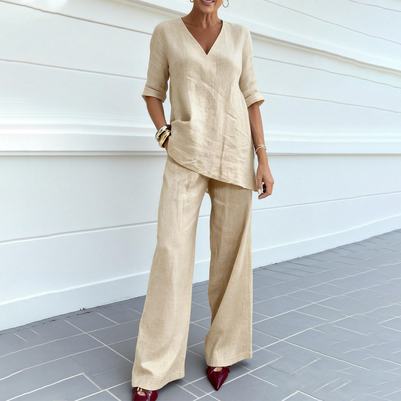 Women's Cotton Linen V-Neck Top and Wide Leg Pants Set Autumn Casual Set