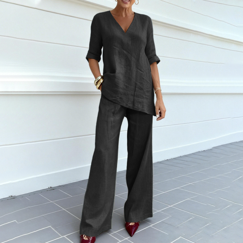 Women's Cotton Linen V-Neck Top and Wide Leg Pants Set Autumn Casual Set