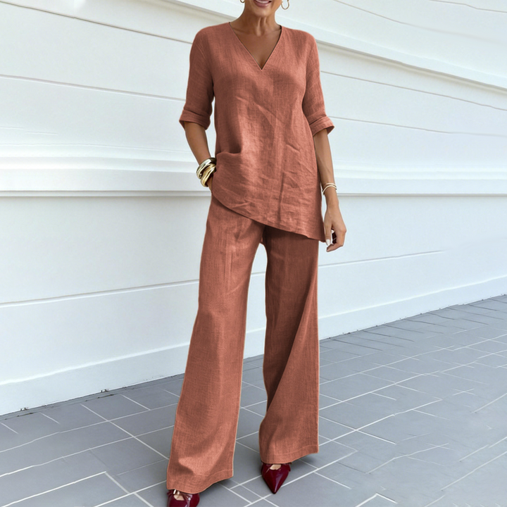 Women's Cotton Linen V-Neck Top and Wide Leg Pants Set Autumn Casual Set