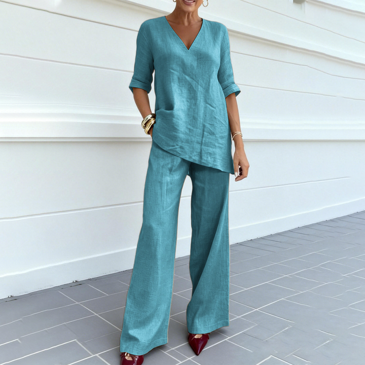 Women's Cotton Linen V-Neck Top and Wide Leg Pants Set Autumn Casual Set