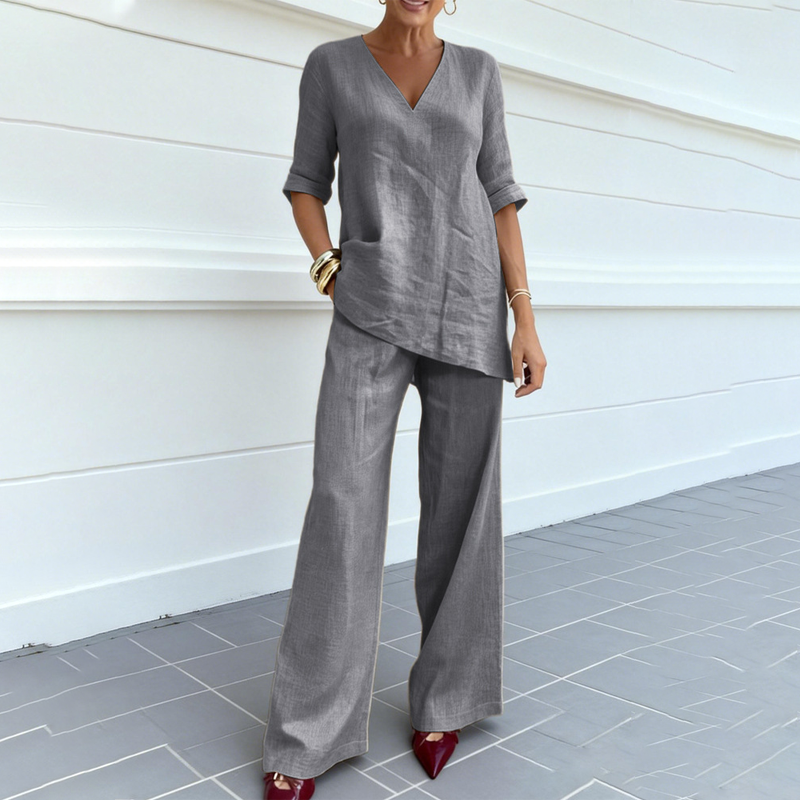 Women's Cotton Linen V-Neck Top and Wide Leg Pants Set Autumn Casual Set