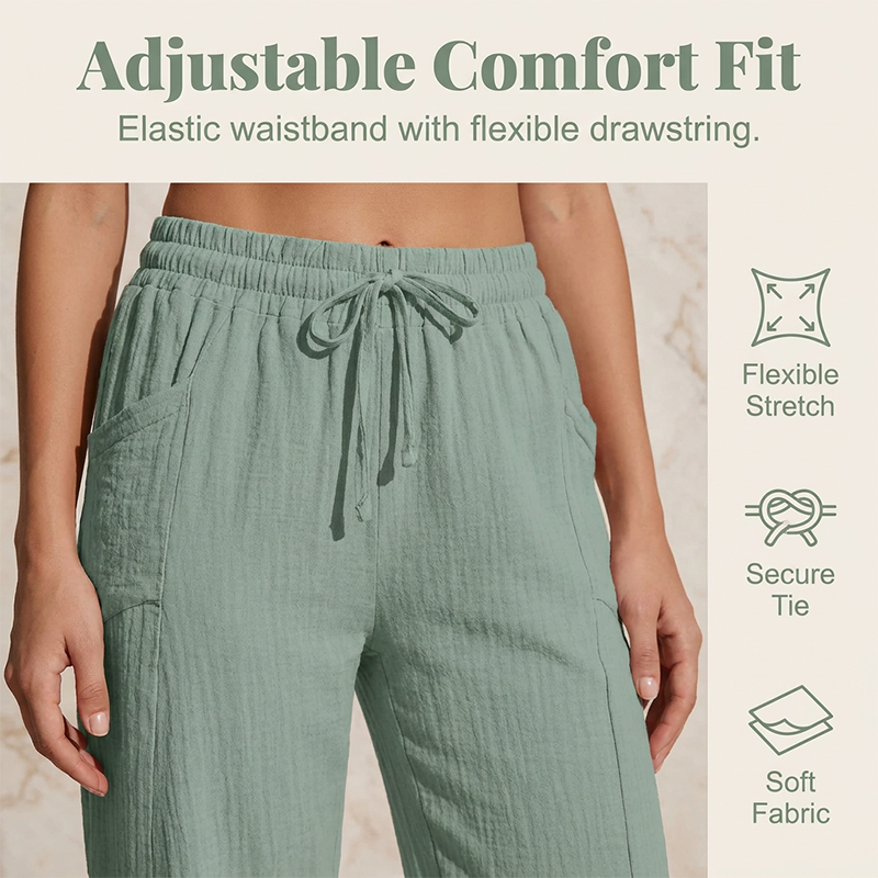Women's Cotton Linen Cropped Wide Leg Pants Autumn Casual Trousers