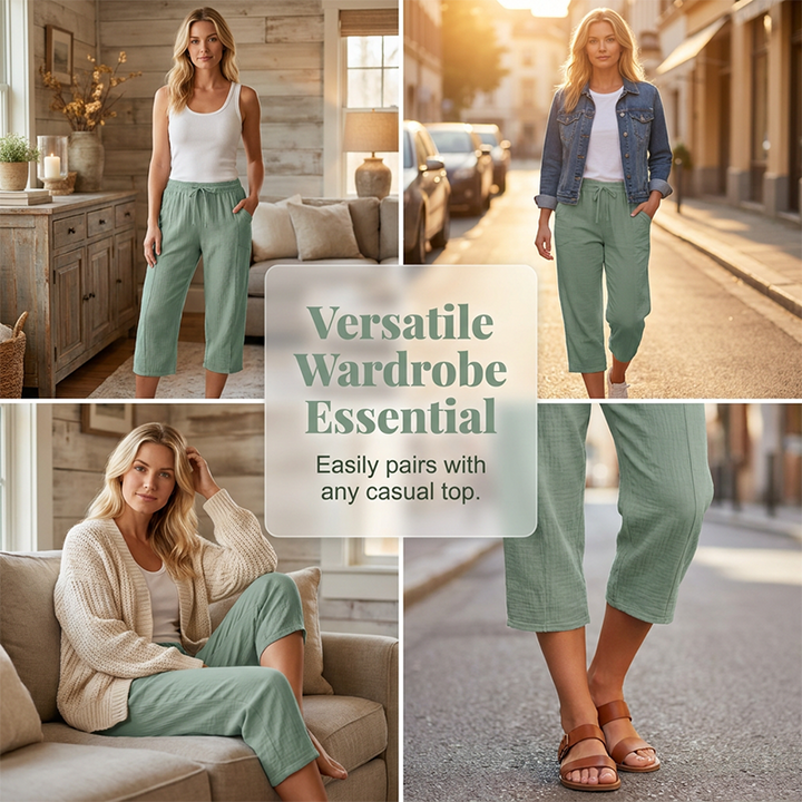 Women's Cotton Linen Cropped Wide Leg Pants Autumn Casual Trousers