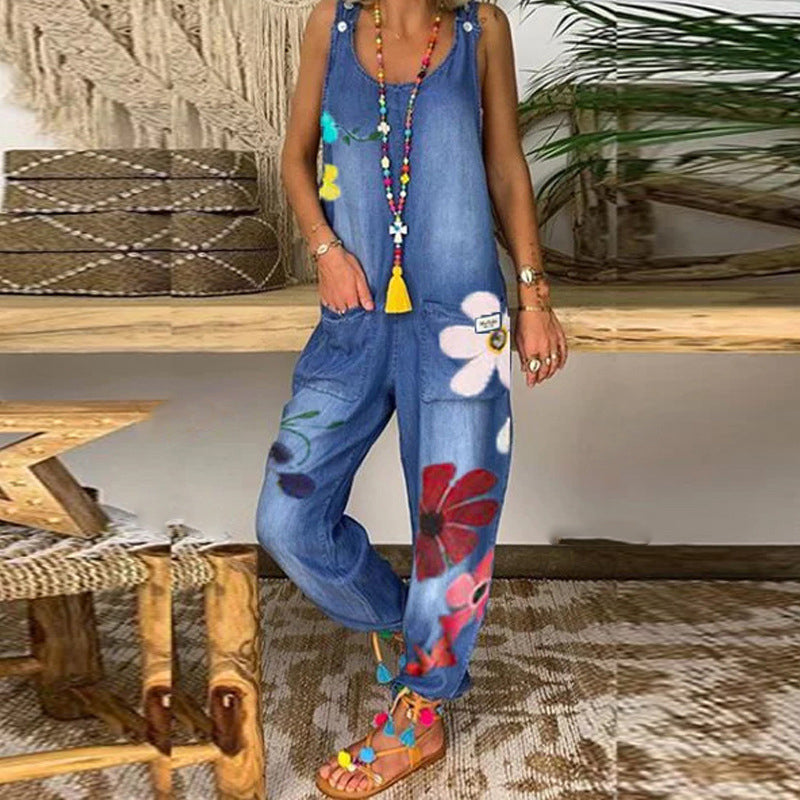 Women's Cotton Jumpsuit Autumn Printed Bohemian Romper Overalls
