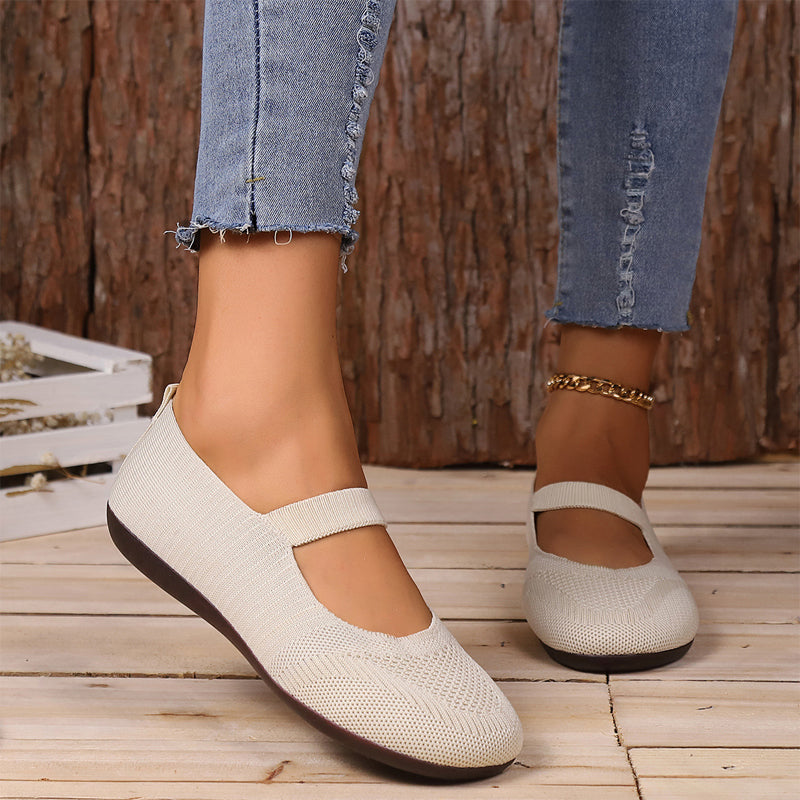 Women's Breathable Knit Mesh Mary Jane Flats Spring Ballet Flats with Elastic Strap Shoes