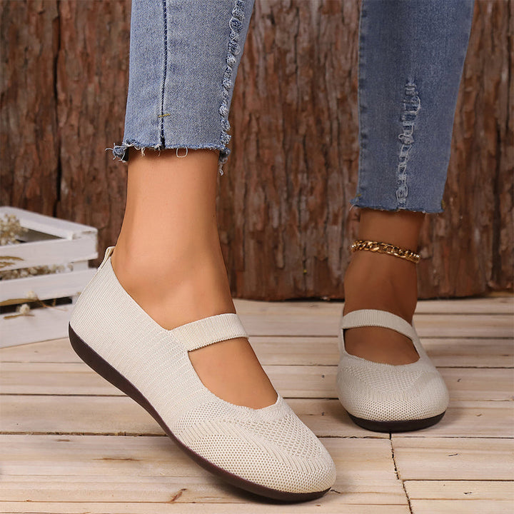 Women's Breathable Knit Mesh Mary Jane Flats Spring Ballet Flats with Elastic Strap Shoes
