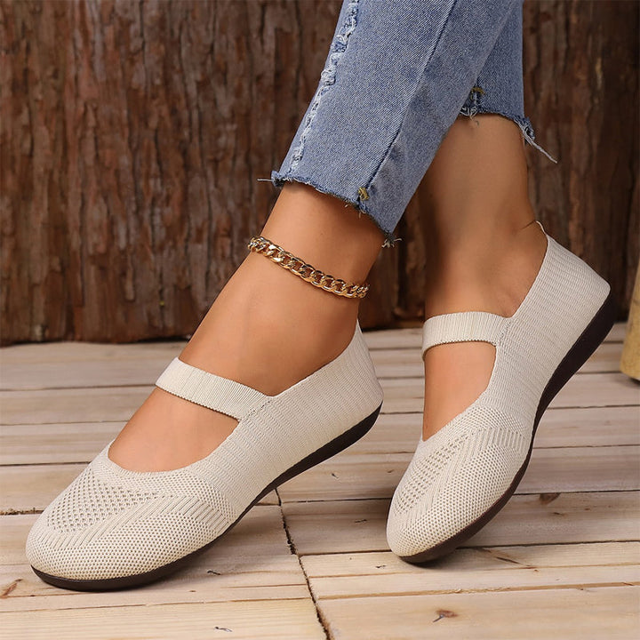 Women's Breathable Knit Mesh Mary Jane Flats Spring Ballet Flats with Elastic Strap Shoes