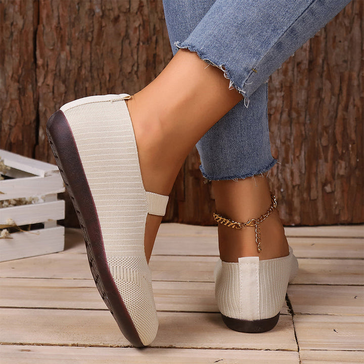 Women's Breathable Knit Mesh Mary Jane Flats Spring Ballet Flats with Elastic Strap Shoes