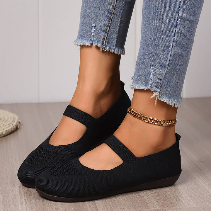 Women's Breathable Knit Mesh Mary Jane Flats Spring Ballet Flats with Elastic Strap Shoes