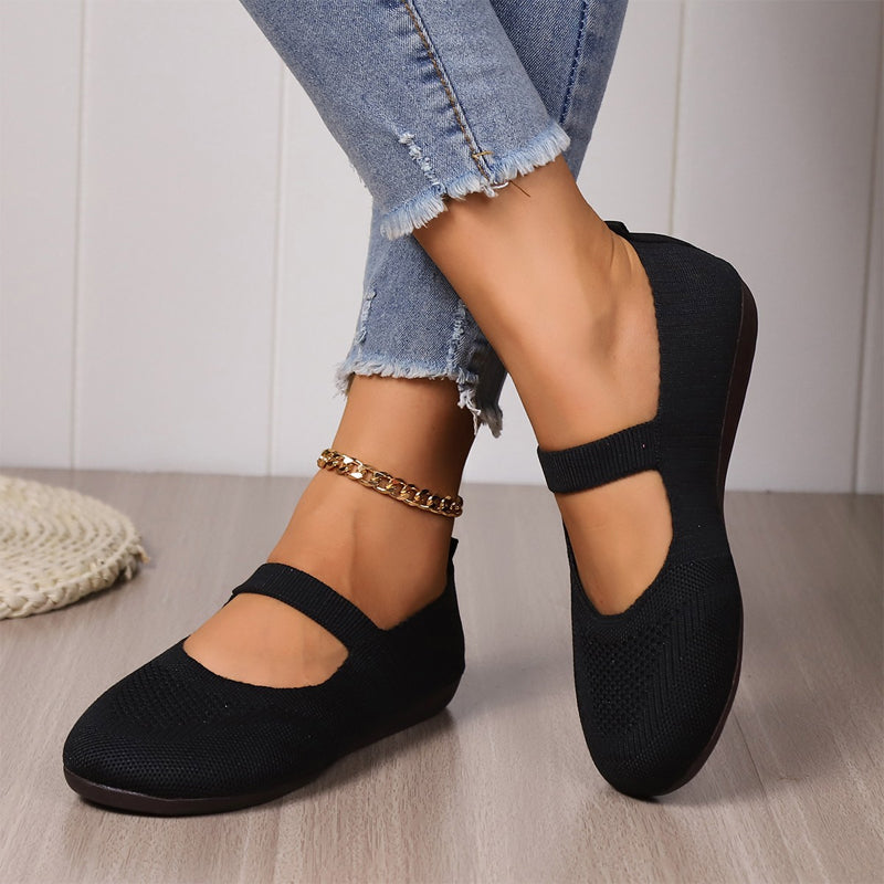 Women's Breathable Knit Mesh Mary Jane Flats Spring Ballet Flats with Elastic Strap Shoes