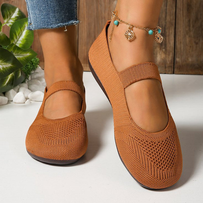 Women's Breathable Knit Mesh Mary Jane Flats Spring Ballet Flats with Elastic Strap Shoes
