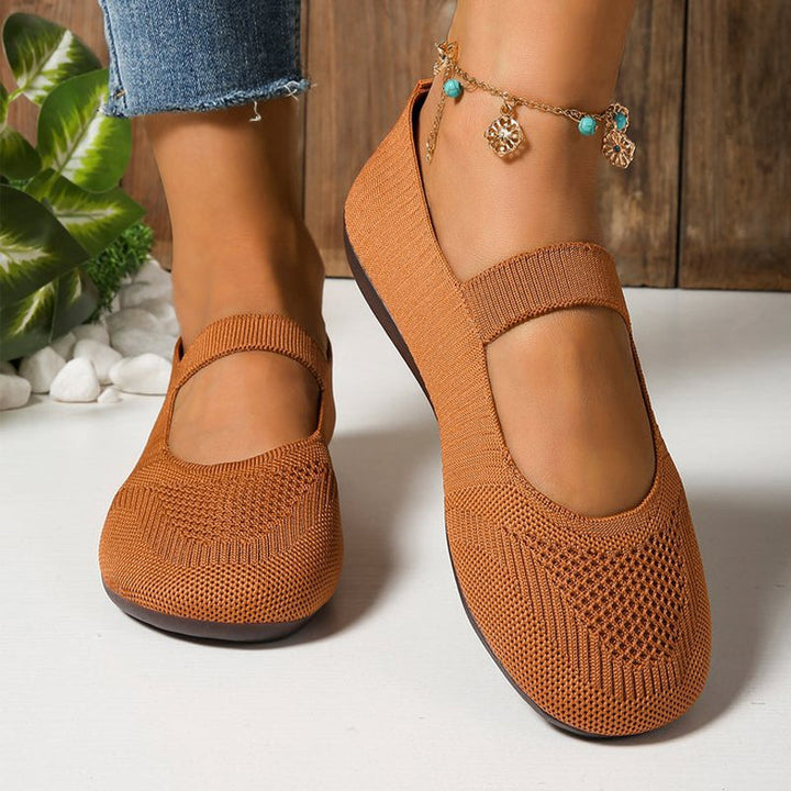 Women's Breathable Knit Mesh Mary Jane Flats Spring Ballet Flats with Elastic Strap Shoes