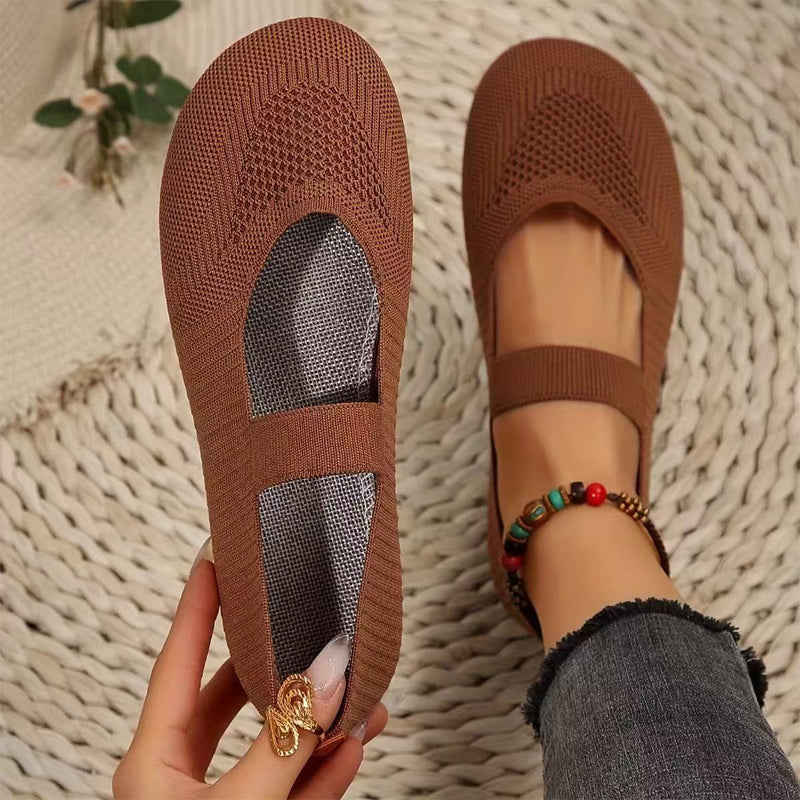 Women's Breathable Knit Mesh Mary Jane Flats Spring Ballet Flats with Elastic Strap Shoes