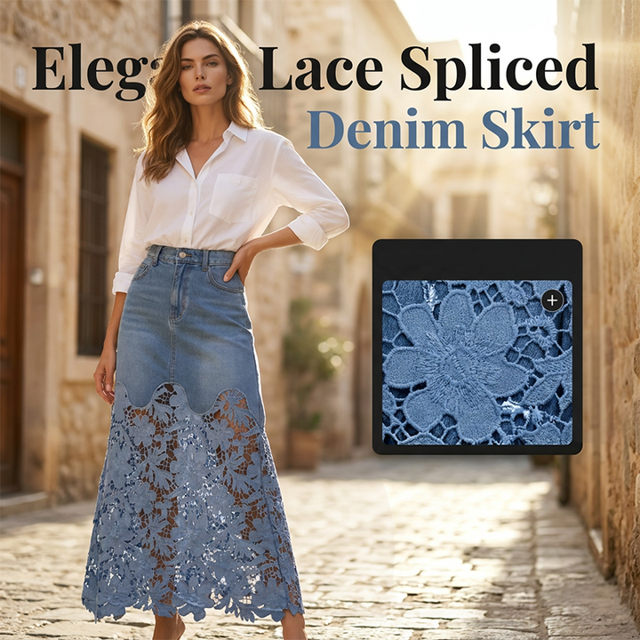 Women's Cotton Denim Long Skirt Autumn Floral Lace Bottoms