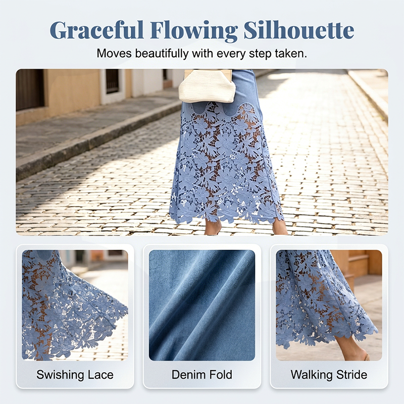 Women's Cotton Denim Long Skirt Autumn Floral Lace Bottoms