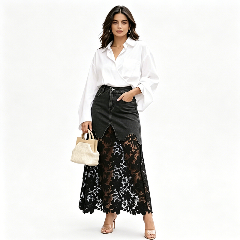 Women's Cotton Denim Long Skirt Autumn Floral Lace Bottoms