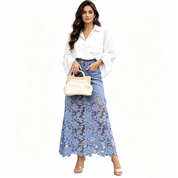 Women's Cotton Denim Long Skirt Autumn Floral Lace Bottoms