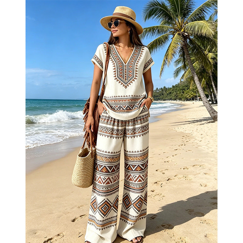 Women's Boho Two-Piece Set Spring Printed V-Neck Top and Wide Leg Pants Matching Outfit