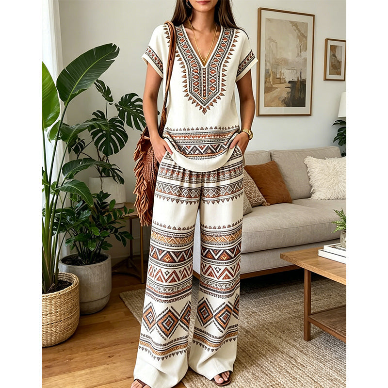 Women's Boho Two-Piece Set Spring Printed V-Neck Top and Wide Leg Pants Matching Outfit