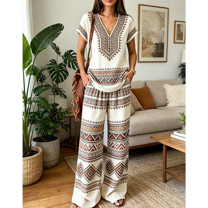 Women's Boho Two-Piece Set Spring Printed V-Neck Top and Wide Leg Pants Matching Outfit