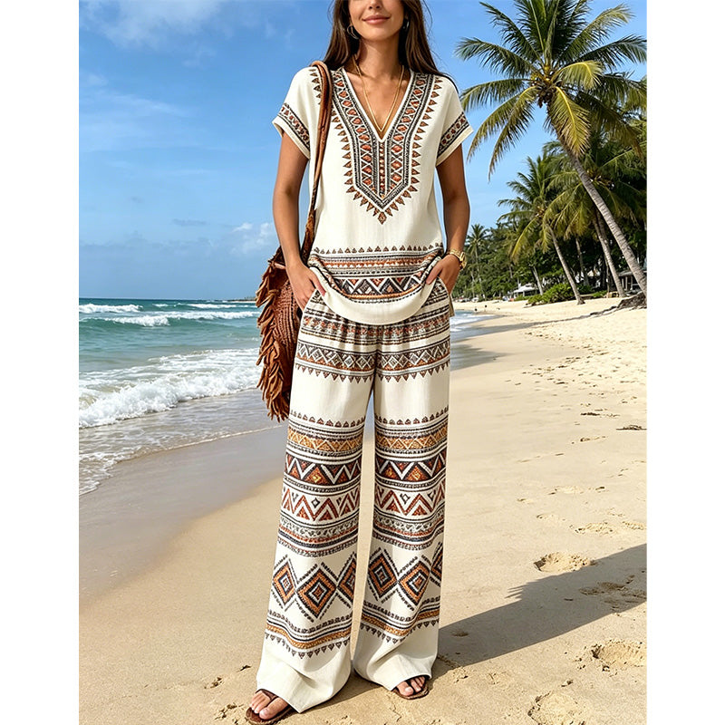 Women's Boho Two-Piece Set Spring Printed V-Neck Top and Wide Leg Pants Matching Outfit