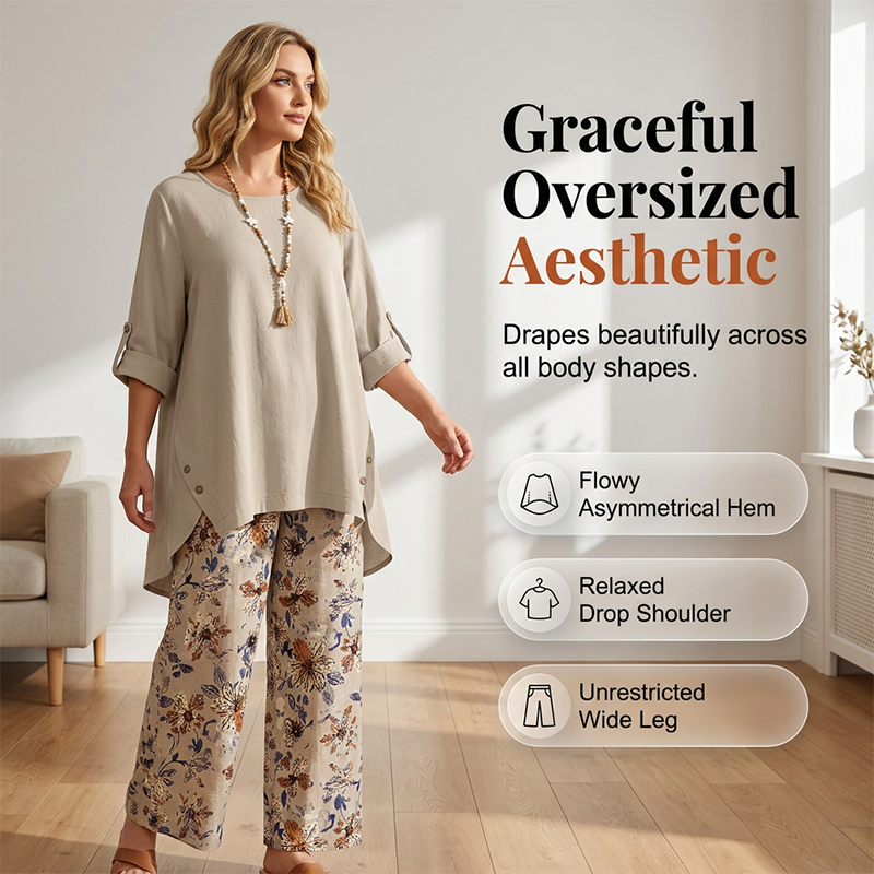 Women's Cotton Linen Pants Set Autumn Blouse & Wide-Leg Trousers