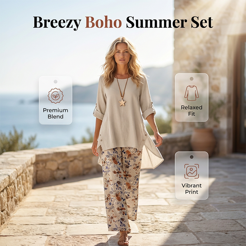 Women's Cotton Linen Pants Set Autumn Blouse & Wide-Leg Trousers