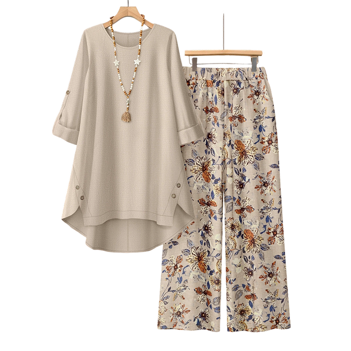 Women's Cotton Linen Pants Set Autumn Blouse & Wide-Leg Trousers