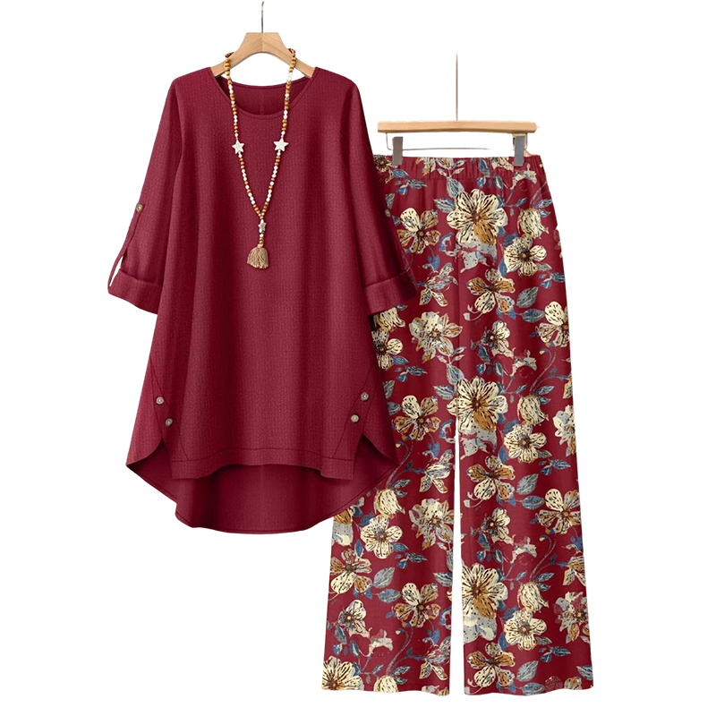 Women's Cotton Linen Pants Set Autumn Blouse & Wide-Leg Trousers