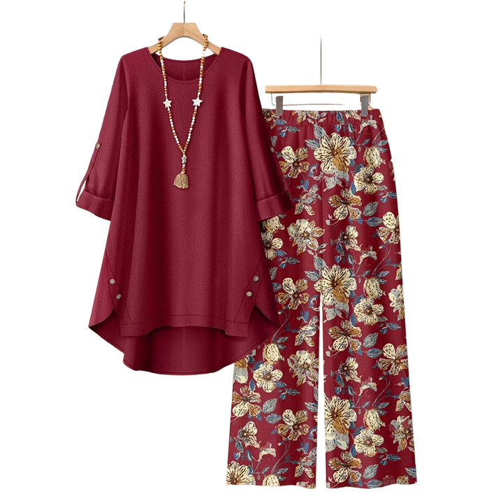 Women's Cotton Linen Pants Set Autumn Blouse & Wide-Leg Trousers