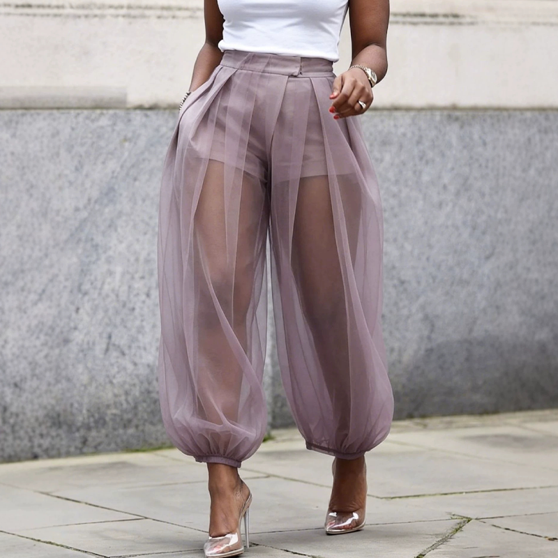 Women's Mesh Harem Pants Spring Sheer Wide Leg Trousers with Built-In Shorts High Waist