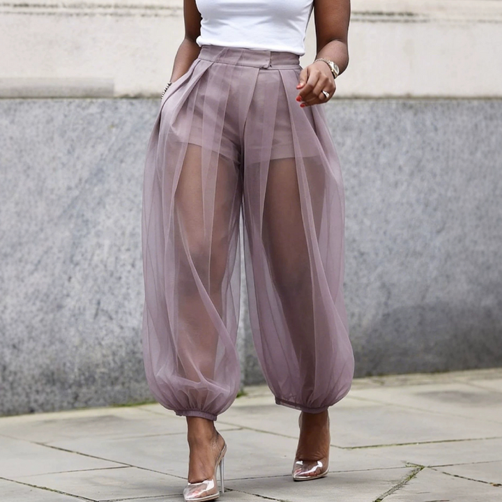Women's Mesh Harem Pants Spring Sheer Wide Leg Trousers with Built-In Shorts High Waist