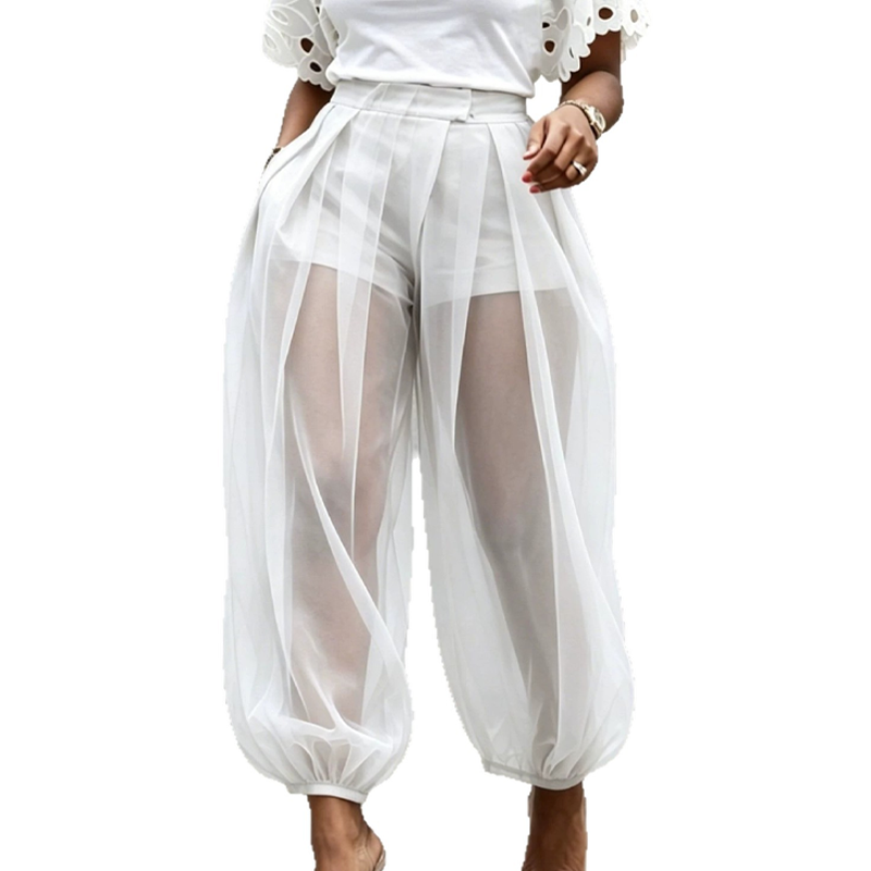 Women's Mesh Harem Pants Spring Sheer Wide Leg Trousers with Built-In Shorts High Waist