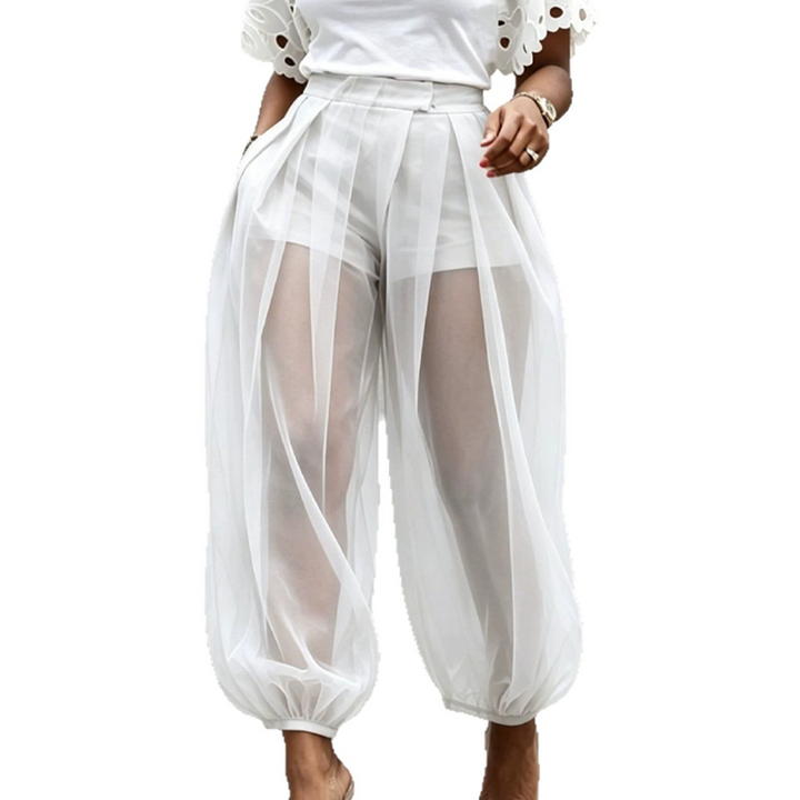 Women's Mesh Harem Pants Spring Sheer Wide Leg Trousers with Built-In Shorts High Waist