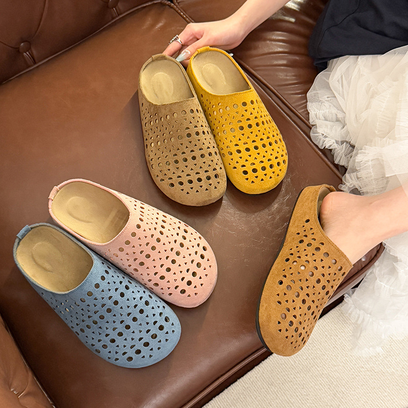 Women's Faux Suede Perforated Mules Spring Slip-On Backless Clogs Breathable Flat Shoes